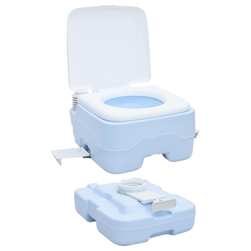 Detail van het vidaXL lichtblauwe campingtoilet met open deksel en afneembare tank.