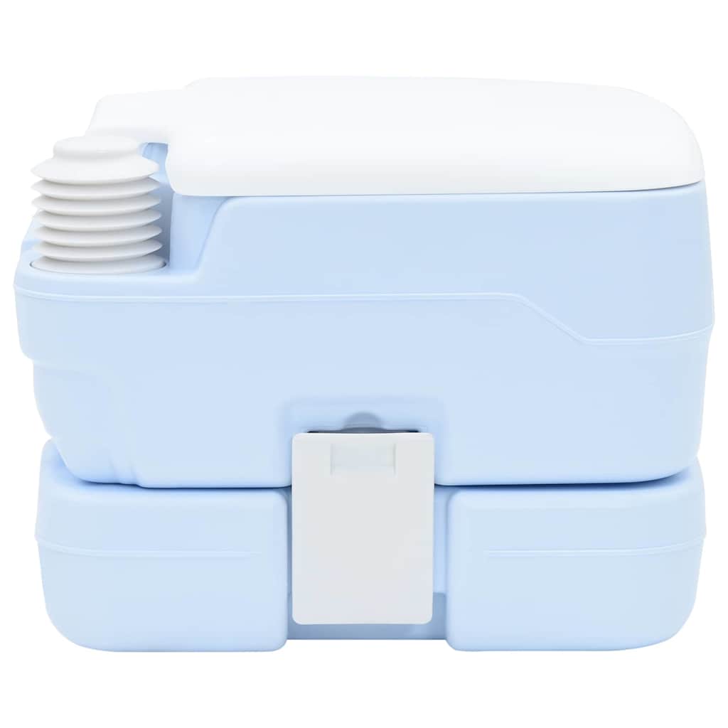 Zijaanzicht van het vidaXL lichtblauwe en witte draagbare camping toilet.