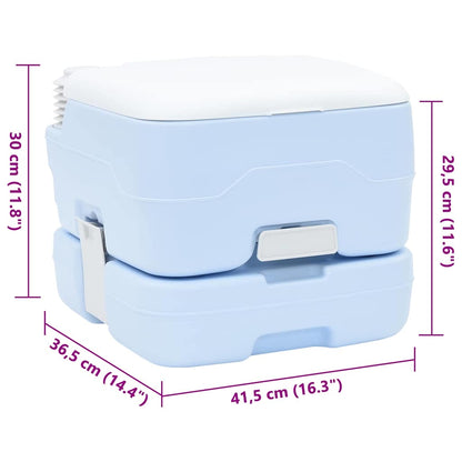 Detail van het vidaXL camping toilet in lichtblauw met witte deksel, zijaanzicht.