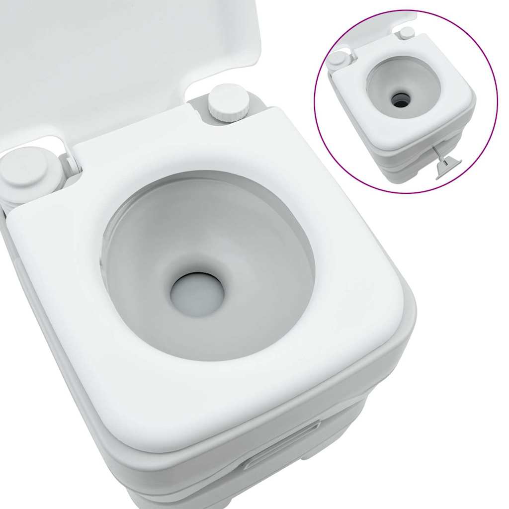 Detail van het grijze en witte vidaXL campingtoilet met de spoelknop en toiletopening.
