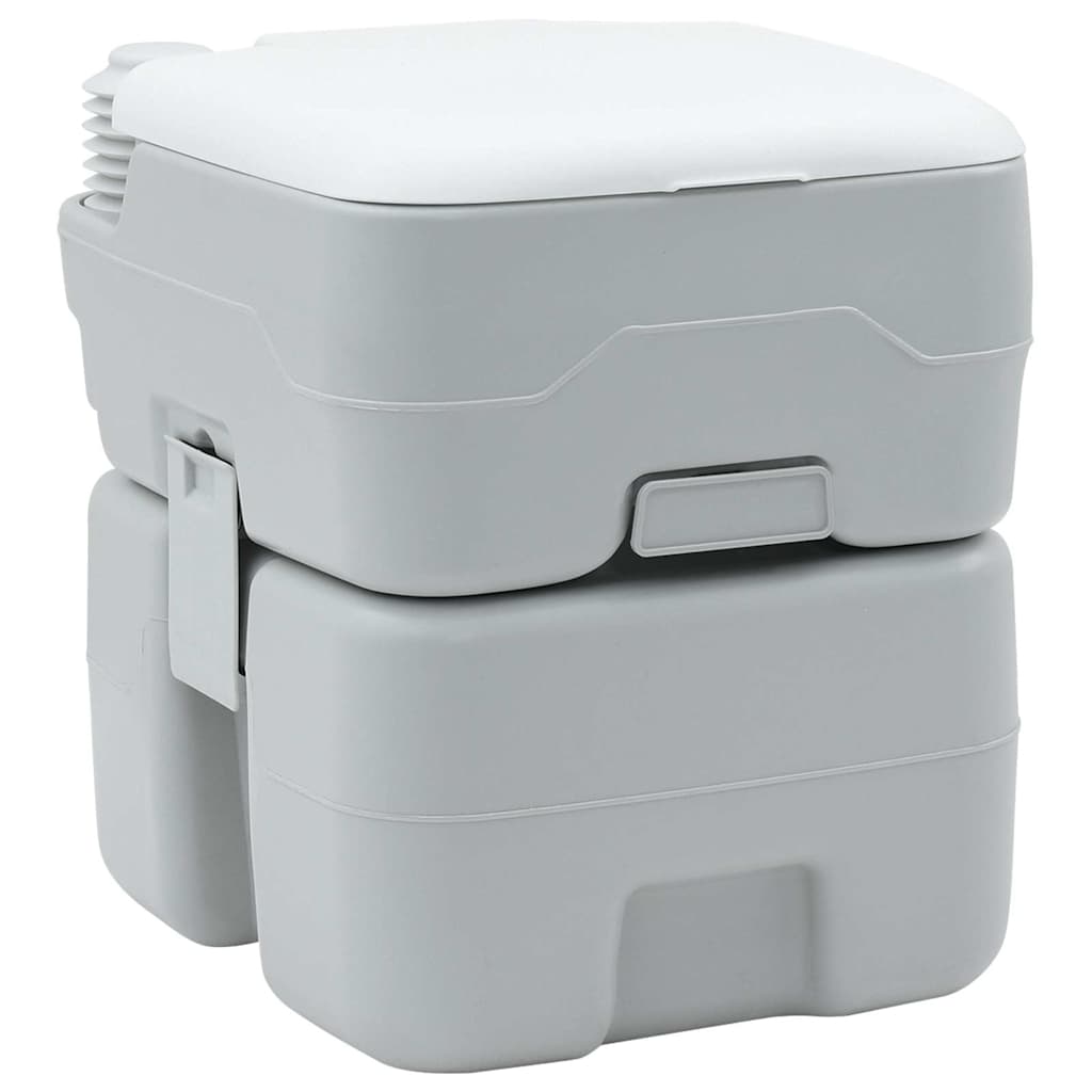 Grijs en wit vidaXL campingtoilet met compact ontwerp en praktische sluiting.