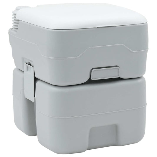 Draagbaar en compact vidaXL campingtoilet in grijs en wit, ideaal voor buitenactiviteiten.