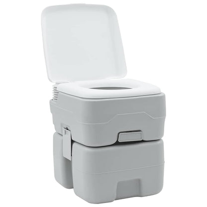 Zijaanzicht van het vidaXL campingtoilet in grijs en wit, met open deksel.