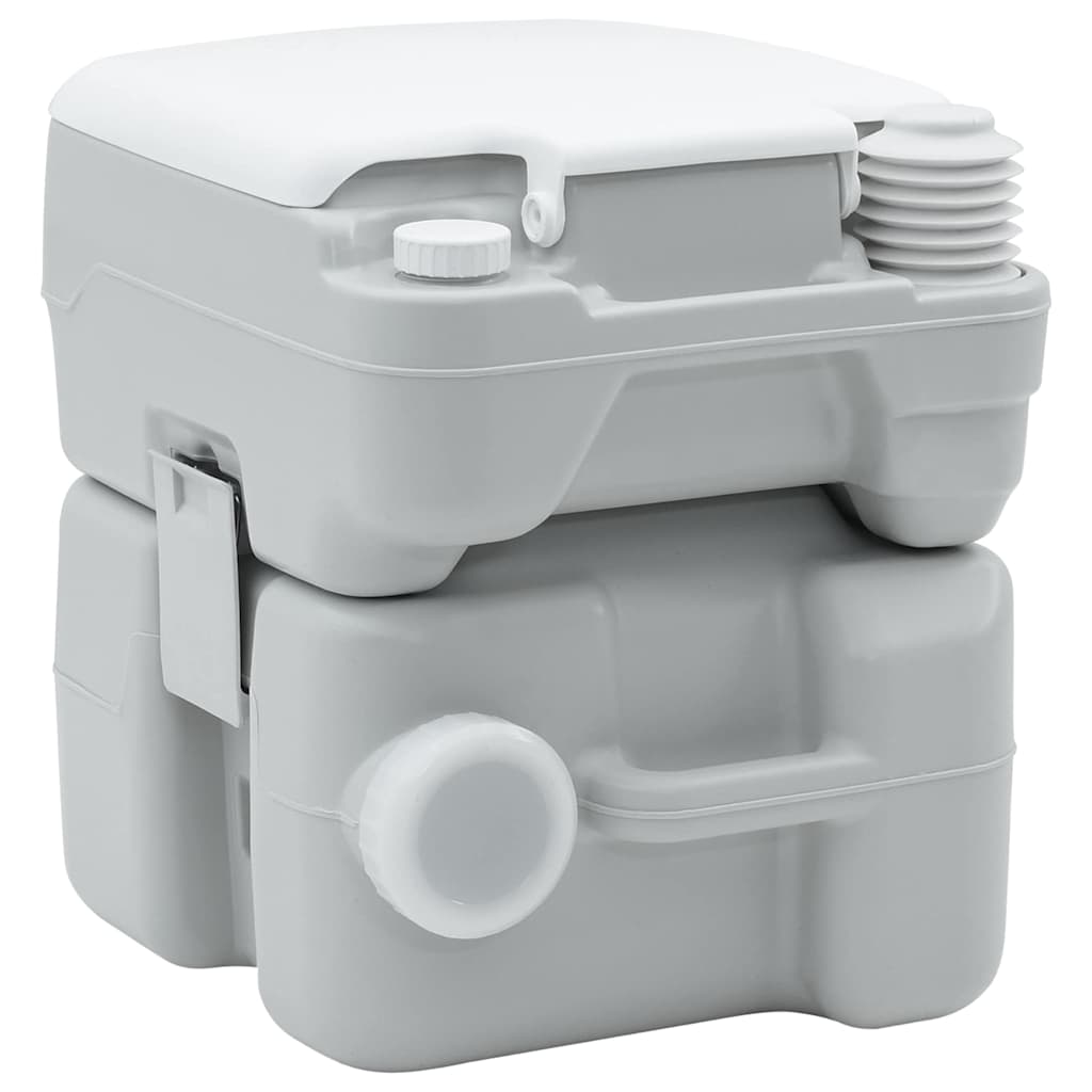 Detail van het vidaXL campingtoilet in grijs en wit, zijaanzicht met pomp en handvat.