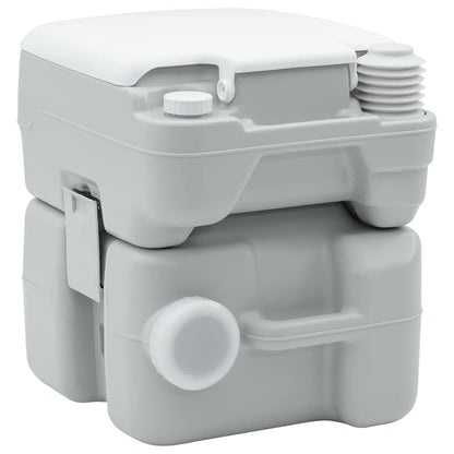 Detail van het vidaXL campingtoilet in grijs en wit, zijaanzicht met pomp en handvat.