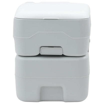 Detail van het vidaXL campingtoilet in grijs en wit, zijaanzicht met compact ontwerp.