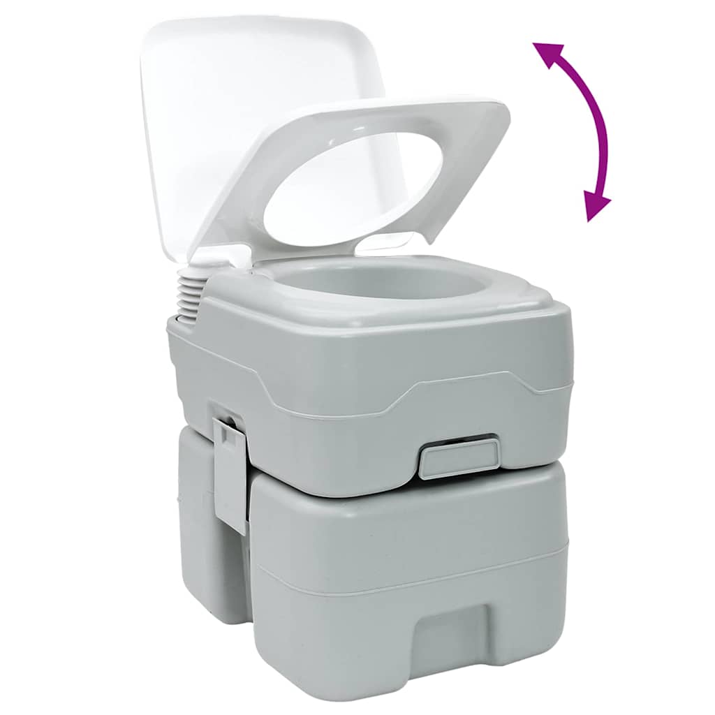 Detail van het vidaXL campingtoilet in grijs en wit, met opklapbare deksel.