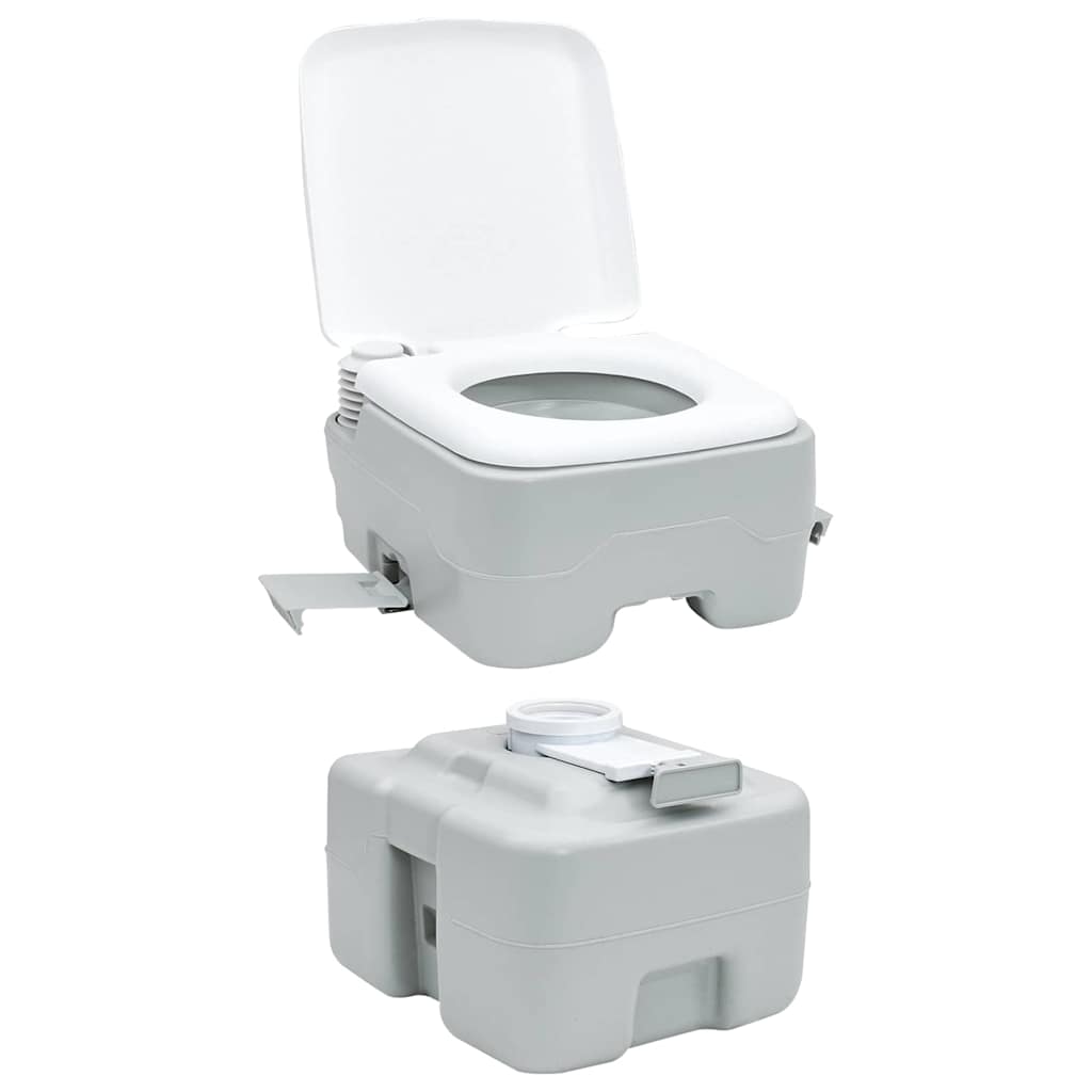 Detail van het vidaXL campingtoilet in grijs en wit, met open deksel en afneembare tank.
