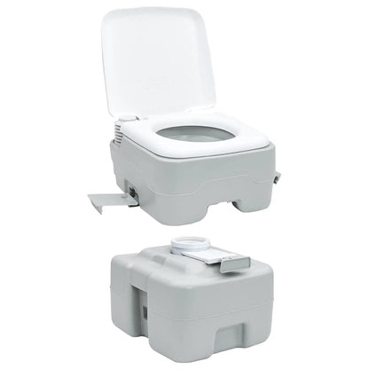 Detail van het vidaXL campingtoilet in grijs en wit, met open deksel en afneembare tank.