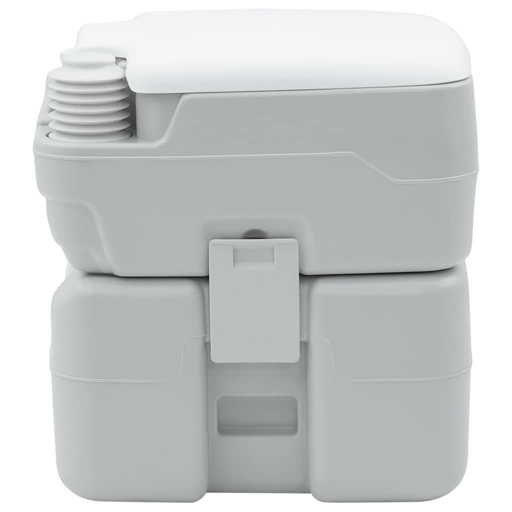 Compact grijs en wit vidaXL campingtoilet, zijaanzicht met bellows-pomp en sluitmechanisme.