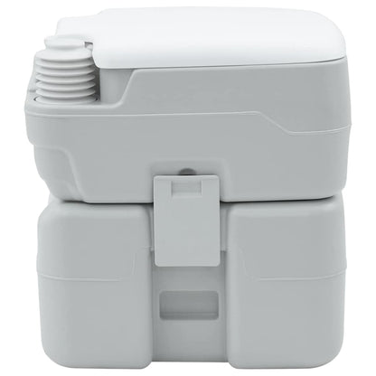 Compact grijs en wit vidaXL campingtoilet, zijaanzicht met bellows-pomp en sluitmechanisme.