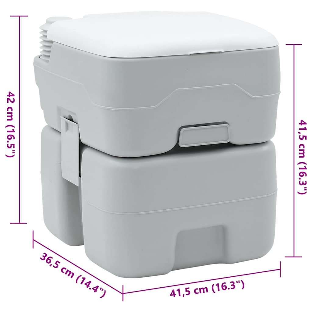 Zijaanzicht van het vidaXL campingtoilet in grijs en wit met afmetingen.