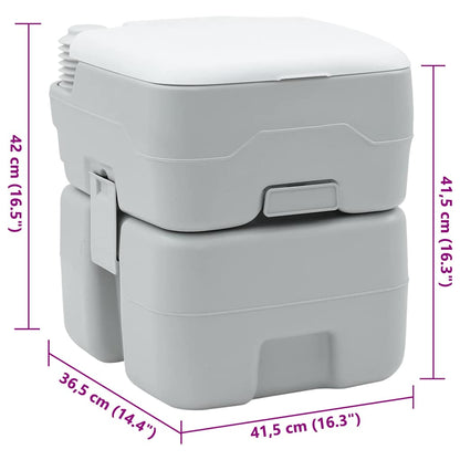 Zijaanzicht van het vidaXL campingtoilet in grijs en wit met afmetingen.