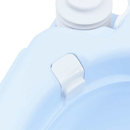 Detail van het lichtblauwe vidaXL campingtoilet met de afsluitdop en handvat.