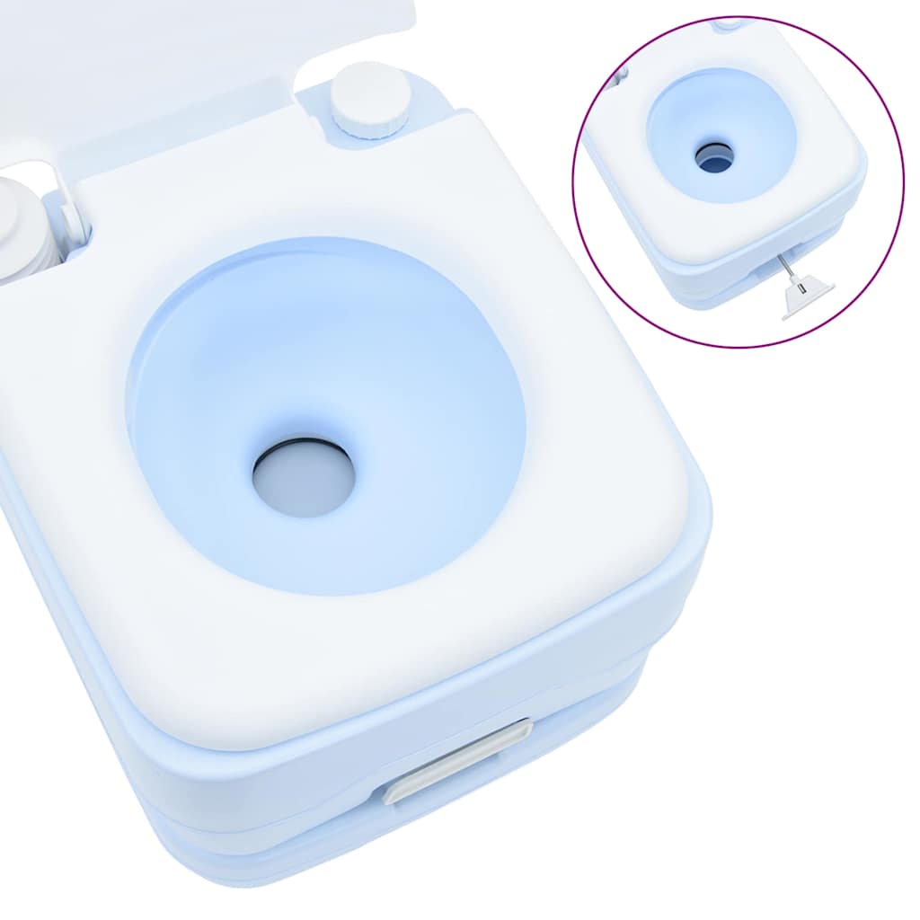 Detail van het vidaXL campingtoilet in lichtblauw met een close-up van de toiletopening.