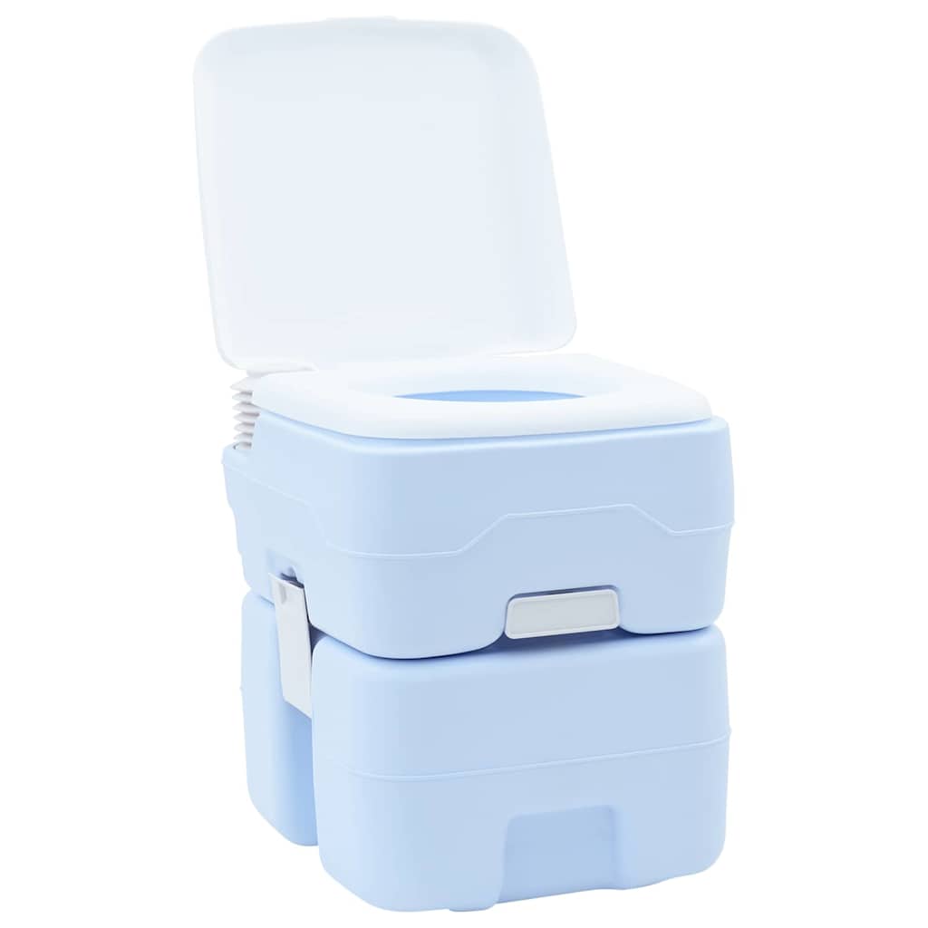 Lichtblauw vidaXL campingtoilet met open deksel, compact en draagbaar ontwerp.