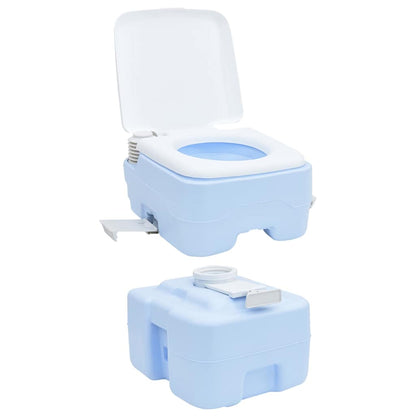 Detail van het vidaXL campingtoilet in lichtblauw en wit, met open deksel en afvoersysteem.
