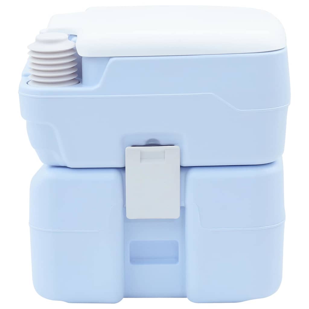Zijaanzicht van het vidaXL lichtblauwe campingtoilet met witte deksel en sluitclip.