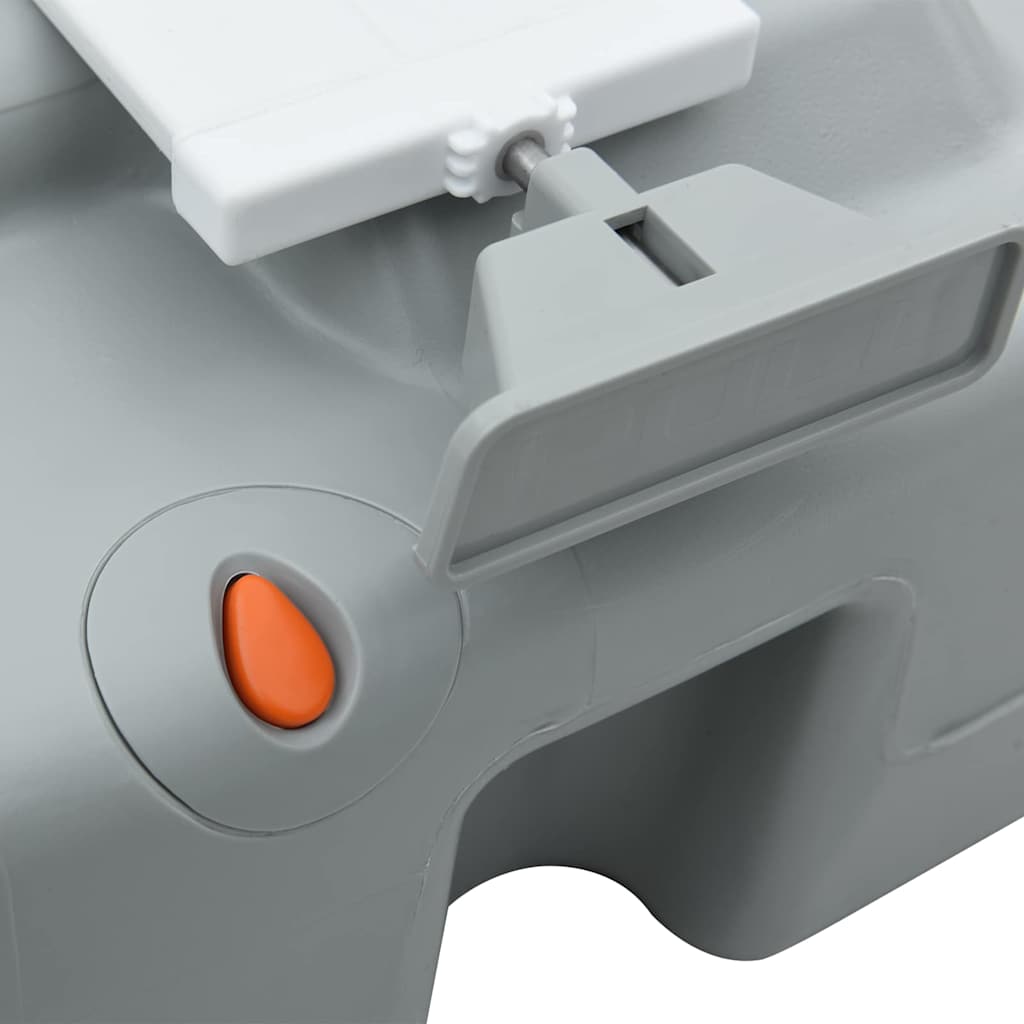Detail van de grijze vidaXL campingtoilet met oranje ontgrendelknop en afneembare bovenkant.