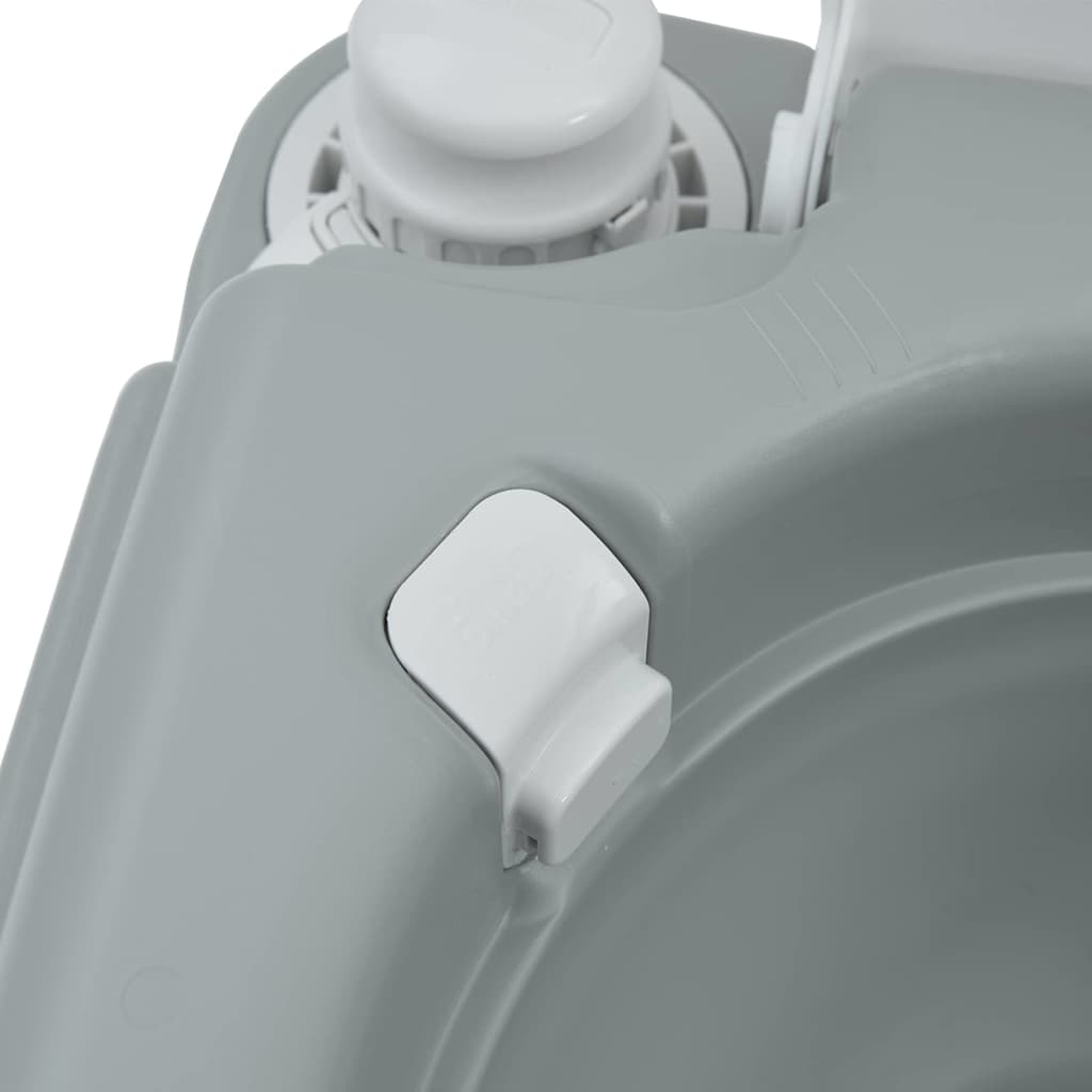 Detail van de T-Type spoeldop van het vidaXL campingtoilet in grijs en wit.