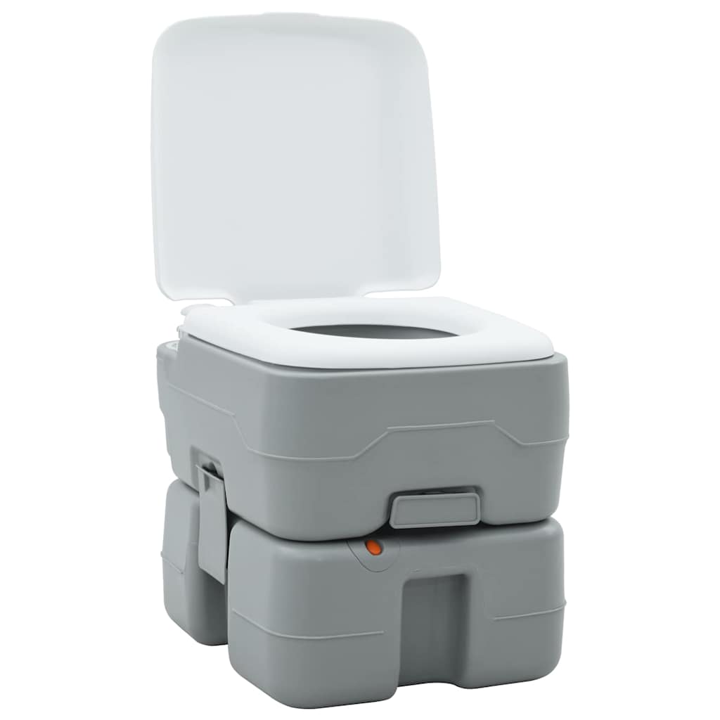 Zijaanzicht van het vidaXL grijze en witte draagbare campingtoilet met open deksel.