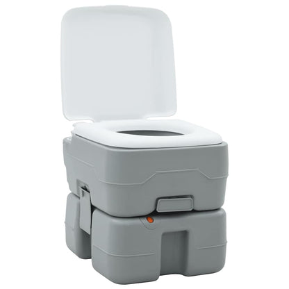 Detail van het vidaXL Camping Toilet in grijs en wit, met open deksel en T-Type spoeldop.