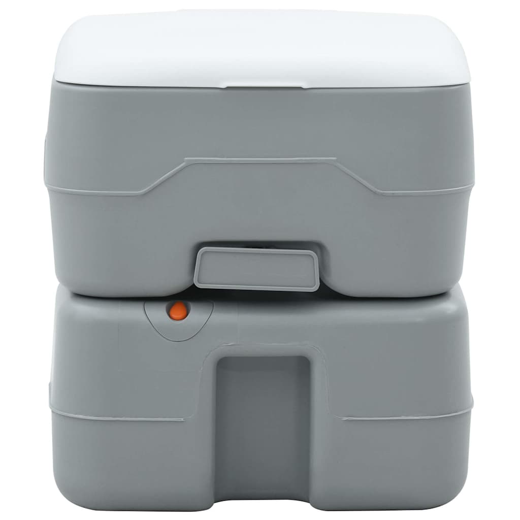 Detail van het vidaXL campingtoilet in grijs en wit, zijaanzicht met gesloten deksel.