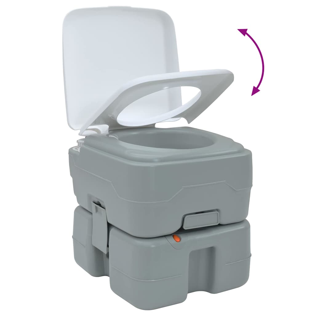 Detail van het vidaXL Camping Toilet in grijs en wit met open deksel.