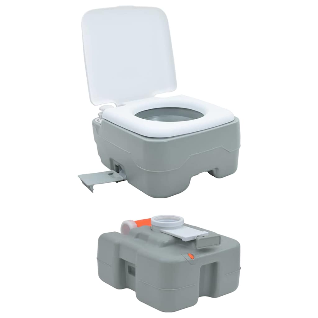 Detail van het vidaXL campingtoilet in grijs en wit met open deksel en spoelsysteem.