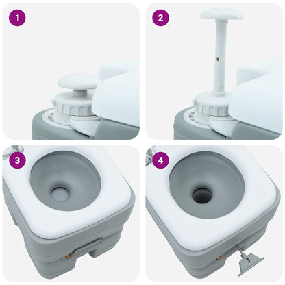 Detail van het vidaXL campingtoilet met de ontgrendelknop en afneembare afvoerpijp.