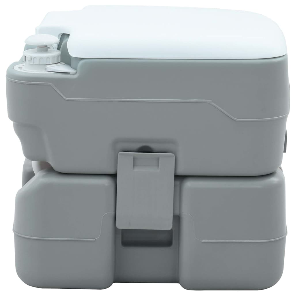 Zijaanzicht van het vidaXL Camping Toilet in grijs en wit, compact en draagbaar.