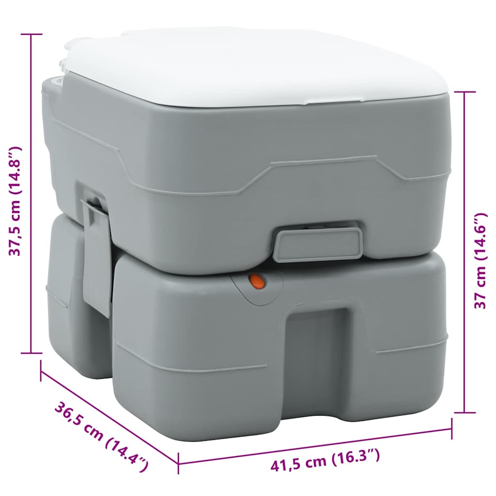 Zijaanzicht van het vidaXL campingtoilet in grijs en wit met afmetingen.