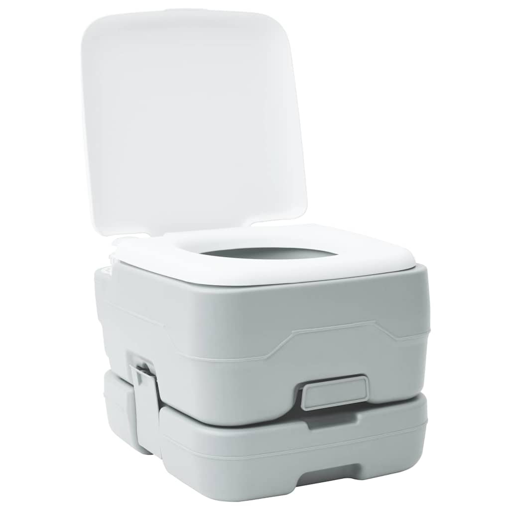Zijaanzicht van het vidaXL campingtoilet in grijs en wit, met open deksel.