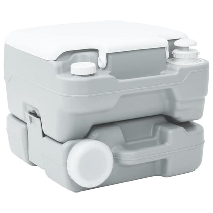 Zijaanzicht van het vidaXL campingtoilet in grijs en wit, met handvat en spoeldop.