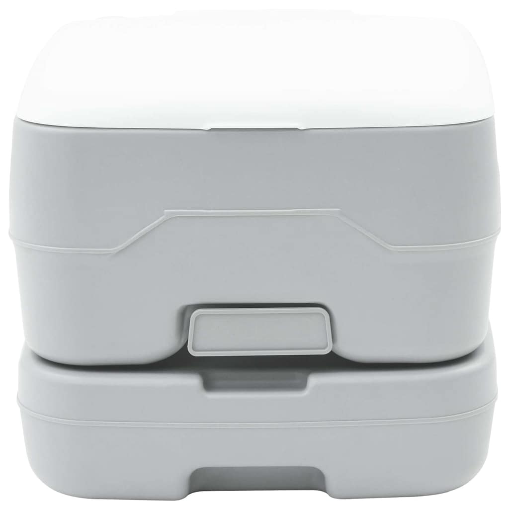 Detail van het vidaXL campingtoilet in grijs en wit, met compact ontwerp en praktische handgreep.