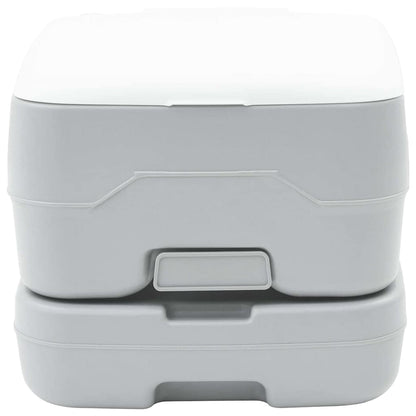 Detail van het vidaXL campingtoilet in grijs en wit, met compact ontwerp en praktische handgreep.