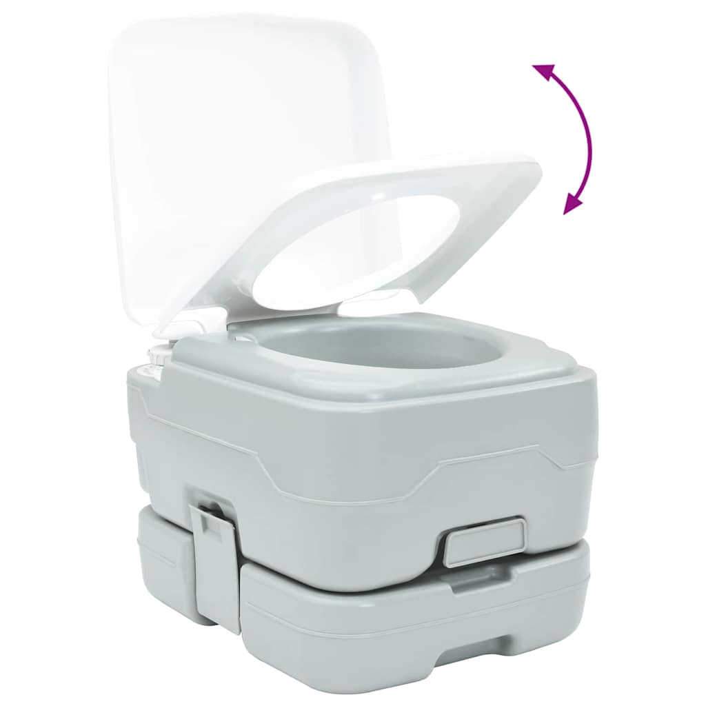 Detail van het vidaXL campingtoilet in grijs en wit, met open deksel en compact ontwerp.