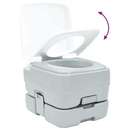 Detail van het vidaXL campingtoilet in grijs en wit, met open deksel en compact ontwerp.
