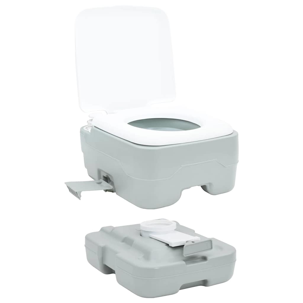 Detail van het vidaXL campingtoilet in grijs en wit, met open deksel en afneembare onderkant.