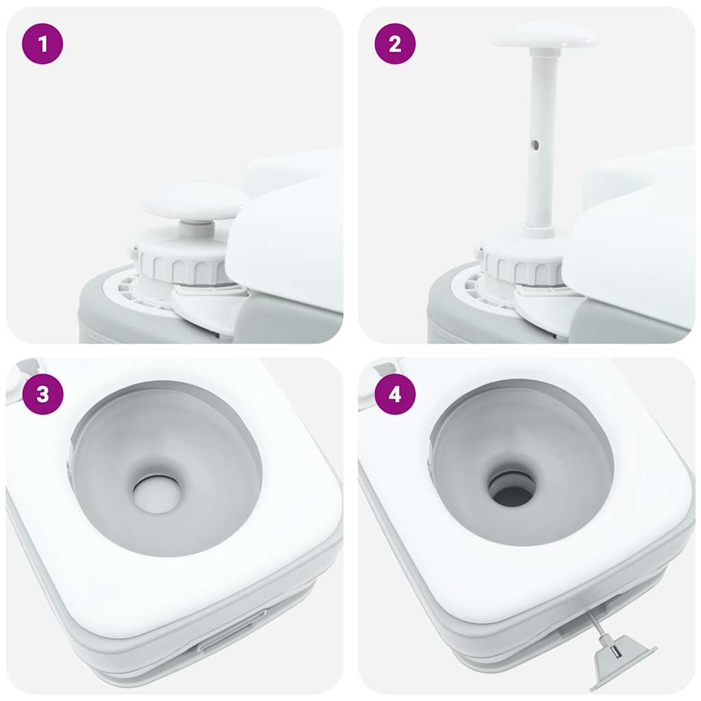 Detail van het vidaXL campingtoilet met spoelsysteem en gebruiksaanwijzing in stappen.