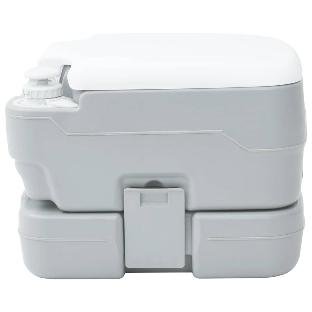 Zijaanzicht van het vidaXL campingtoilet in grijs en wit, compact en draagbaar.