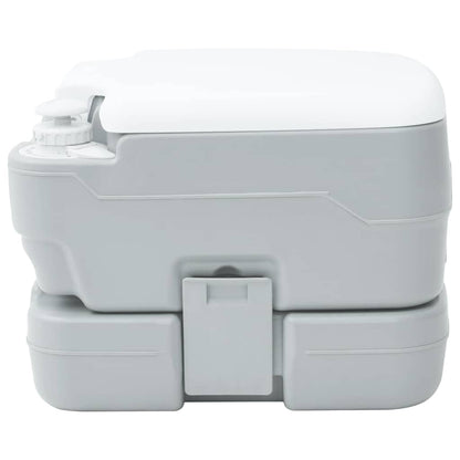 Zijaanzicht van het vidaXL campingtoilet in grijs en wit, compact en draagbaar.