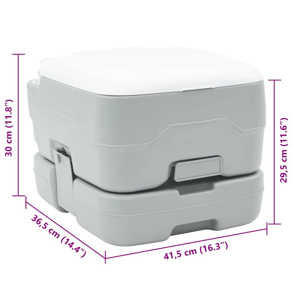 Zijaanzicht van het vidaXL campingtoilet in grijs en wit, met afmetingen weergegeven.
