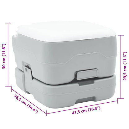 Zijaanzicht van het vidaXL campingtoilet in grijs en wit, met afmetingen weergegeven.