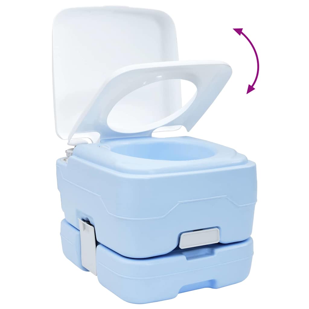 Detail van het vidaXL campingtoilet in lichtblauw met open deksel.