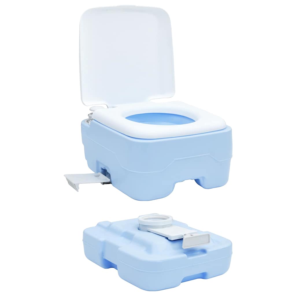 Detail van het vidaXL Camping Toilet in lichtblauw met witte deksel en T-type dop.