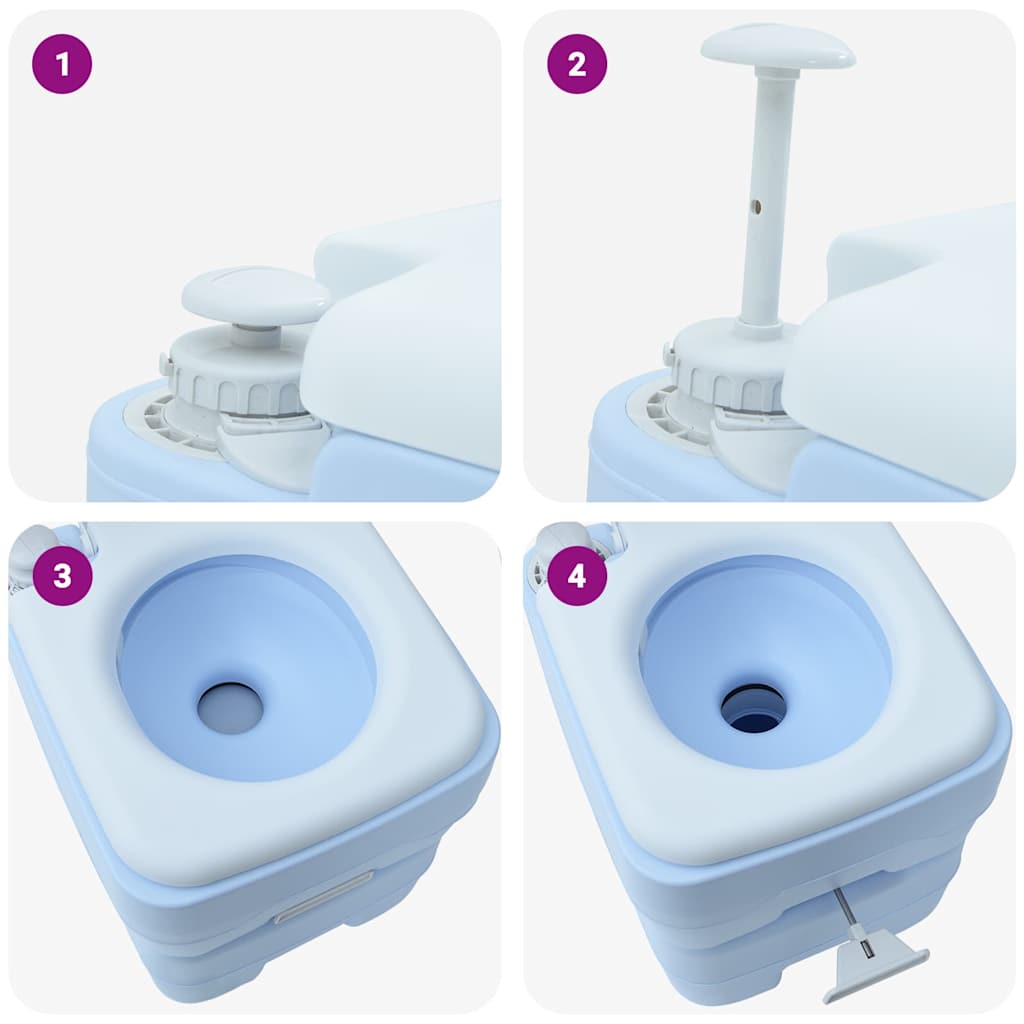 Detail van het vidaXL campingtoilet met T-type spoeldop systeem en lichtblauwe binnenkant.