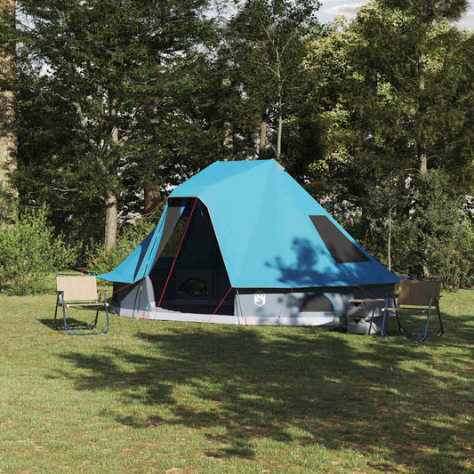 vidaXL Tipi Tent in blauw, weerbestendig, geplaatst op gras met campingstoelen ernaast.