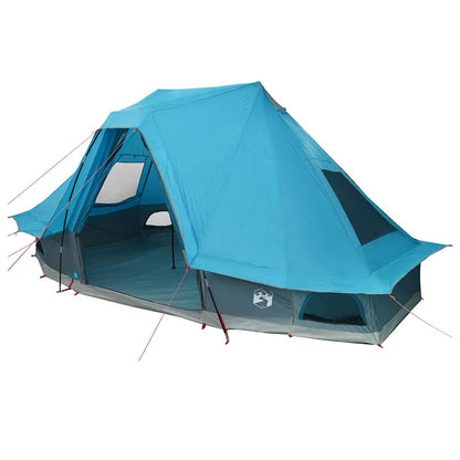 Zijaanzicht van de vidaXL Tipi Tent in blauw, met open ingang en ventilatieroosters.