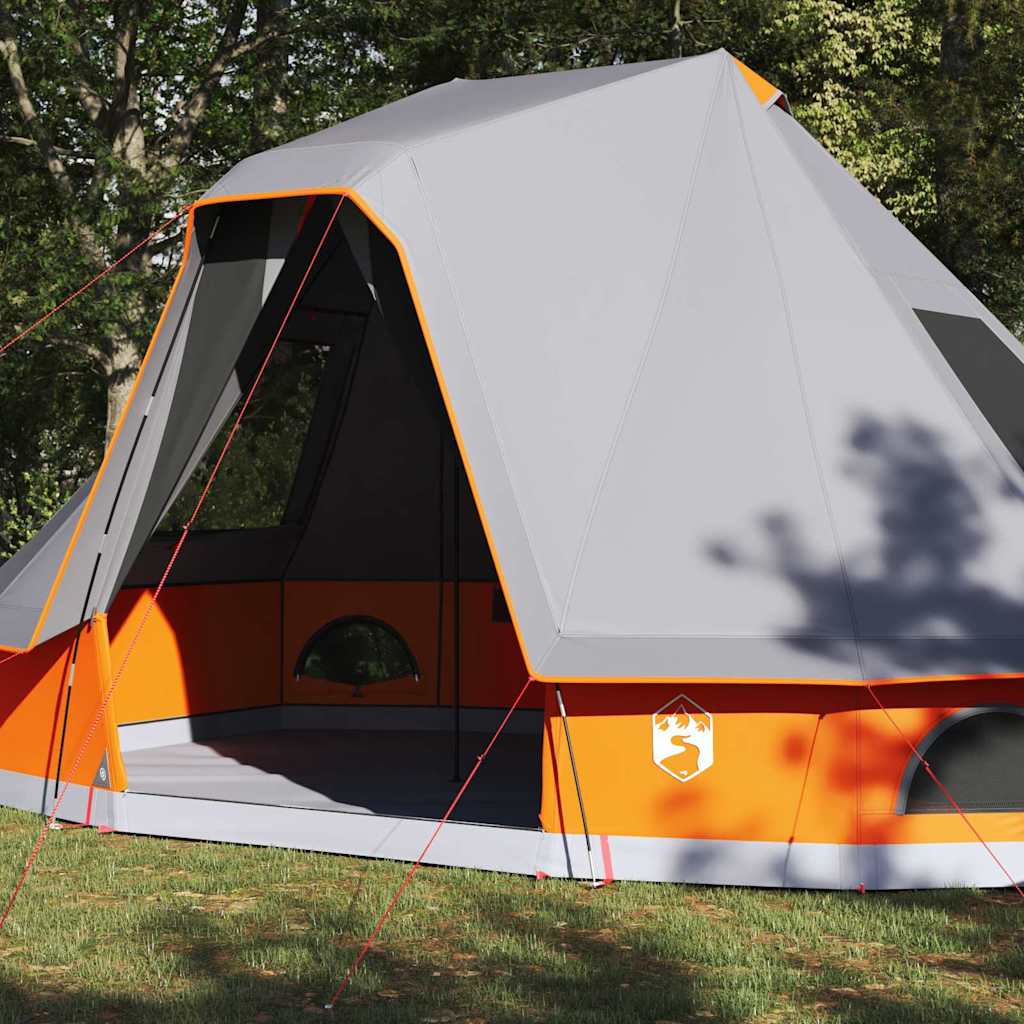 Zijaanzicht van de vidaXL Tipi Tent in grijs en oranje met open E-poort.